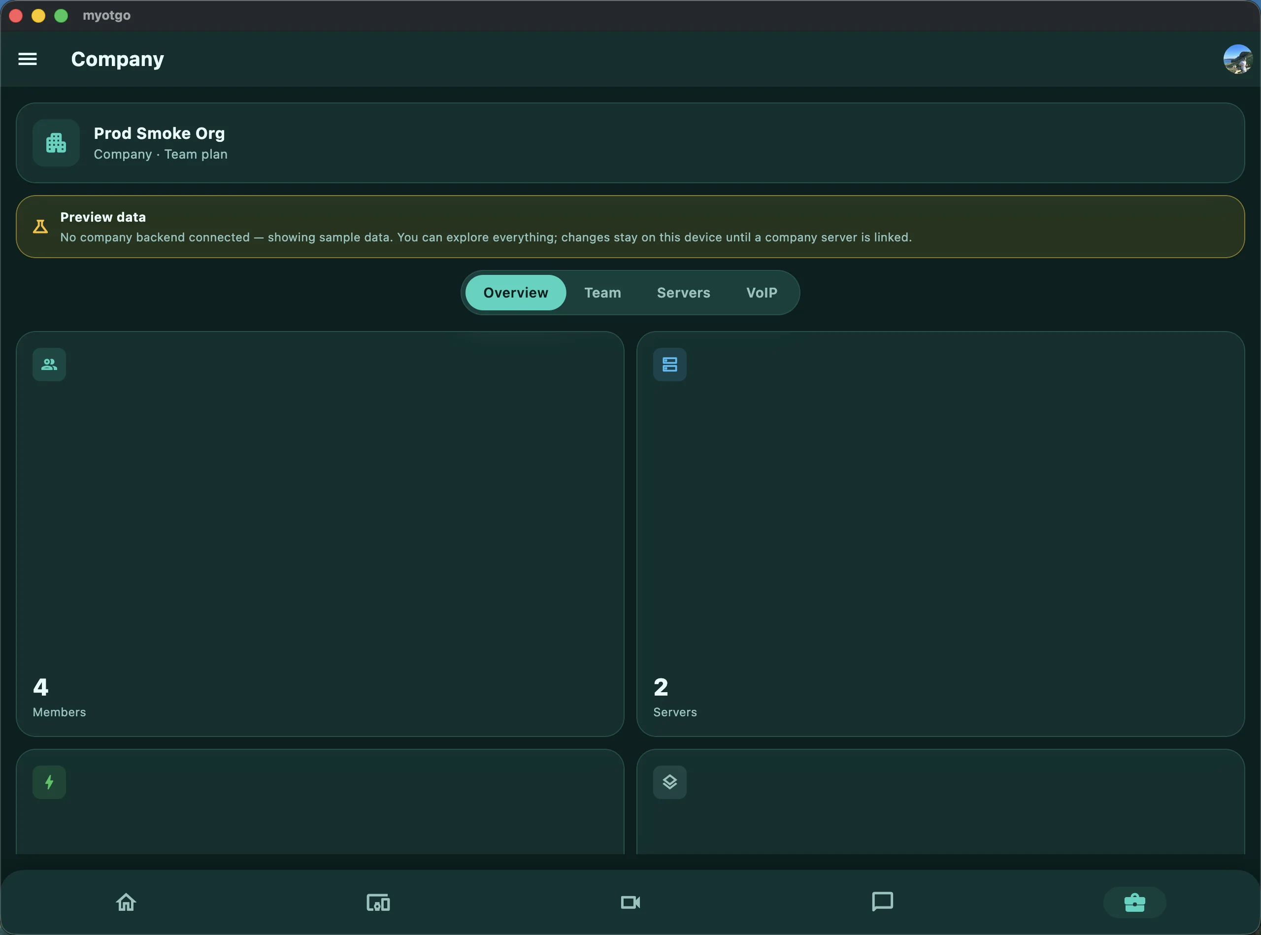 MyOTGO macOS company panel — organisation overview with members, servers, team roles and VoIP