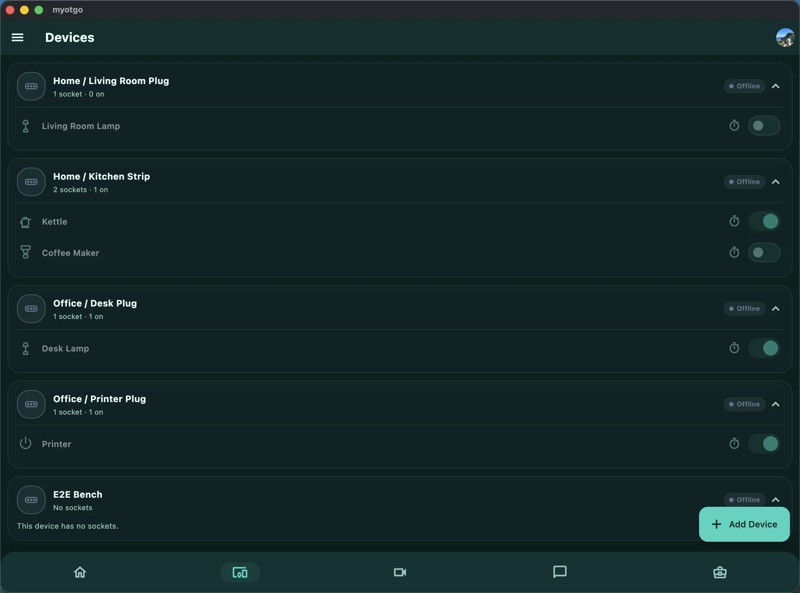 MyOTGO macOS app — the devices list with rooms, plugs, sockets and instant on/off control